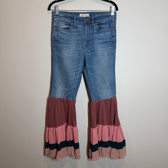 Madewell Size 6 Upcycled Bell Bottom Jeans Tiered Ruffle Hem Boho Festival - Picture 2 of 13